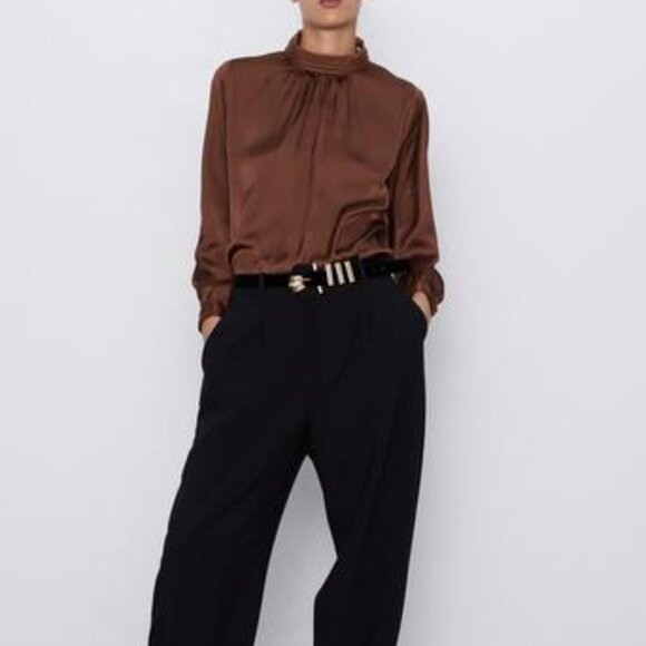 Zara Deep Brown Mock Neck Blouse - XS - Picture 1 of 4